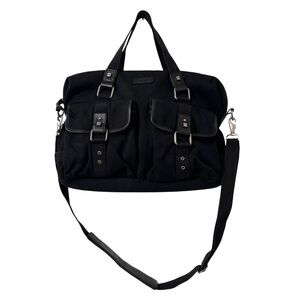 Bodhi‎ Black Canvas Travel Messenger Laptop Bag Leather Trim Shoulder Strap